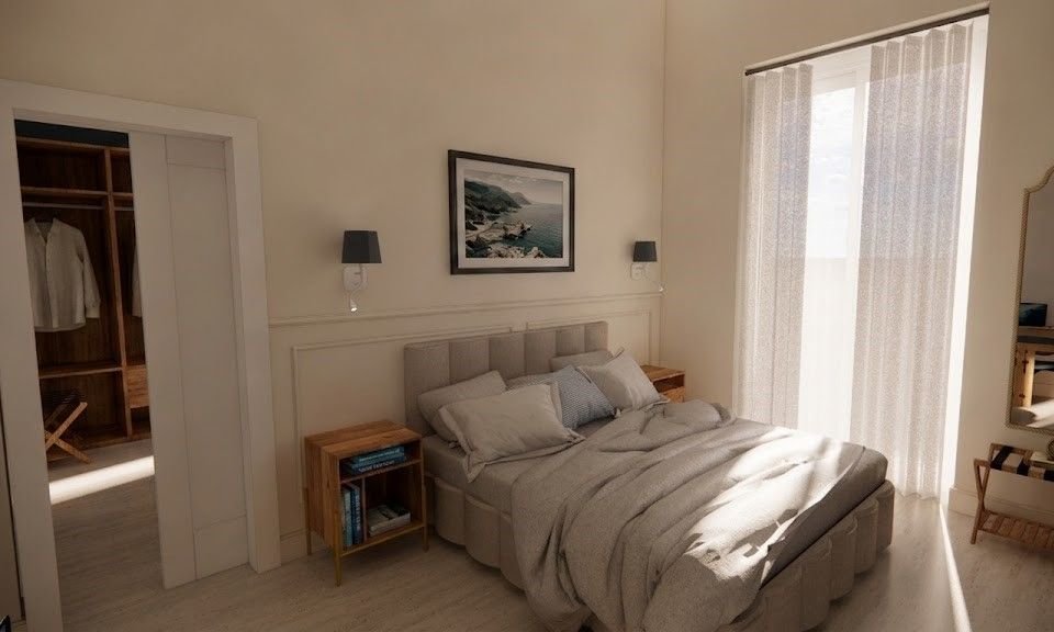 Camera Duomo: letto matrimoniale con quadro paesaggio marino e comodini in legno