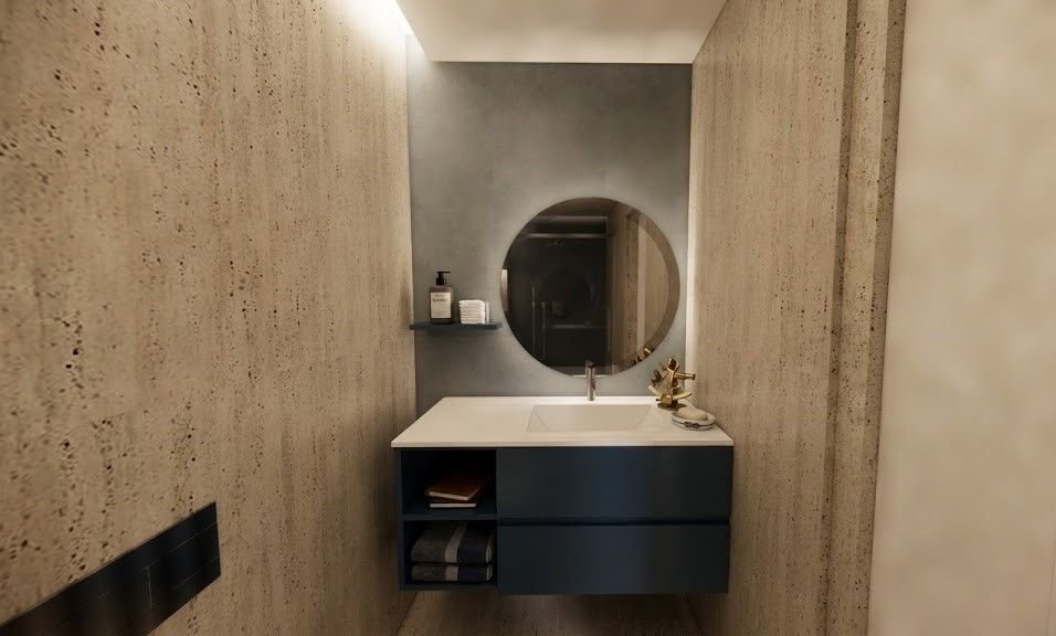 Bagno Camera Duomo: mobile blu notte e specchio rotondo illuminato