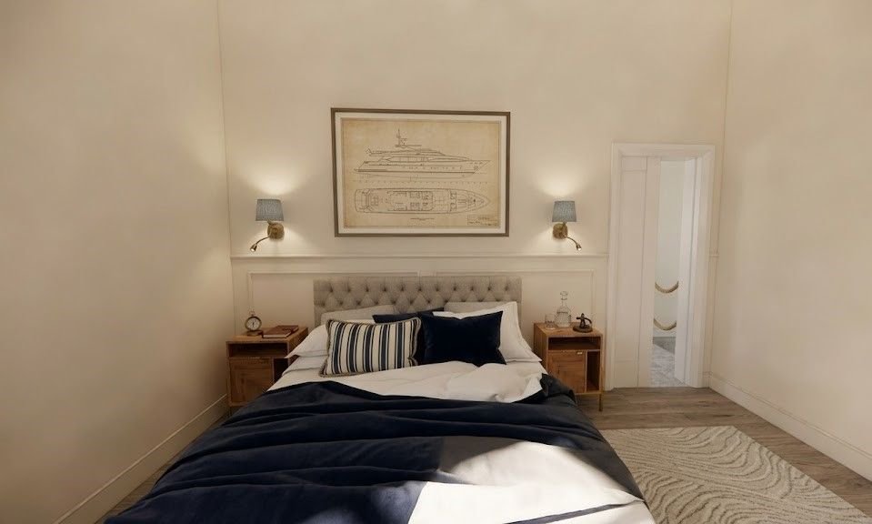 Camera Orefici: letto matrimoniale con quadro nautico e comodini in legno