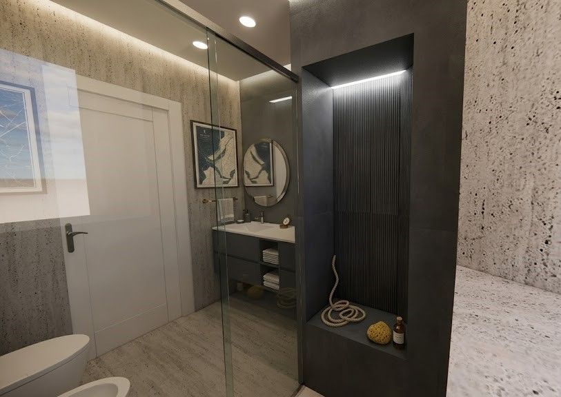 Bagno Camera Orefici: doccia walk-in in vetro con nicchie in travertino