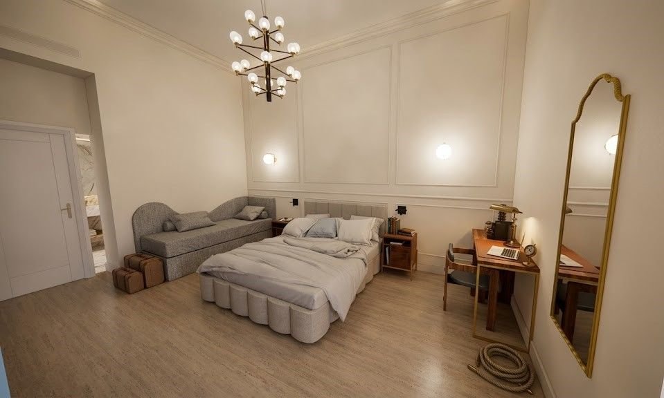 Camera Chiaia: vista d’insieme con letto, divano letto e specchio a tutta altezza