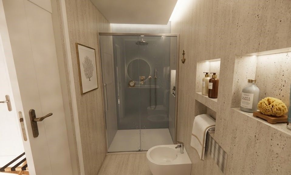 Bagno Camera Chiaia: doccia in vetro con specchio rotondo illuminato