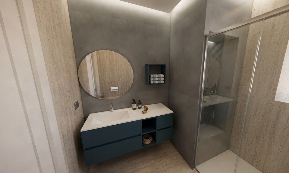 Bagno Camera Spaccanapoli: mobile blu notte e specchio rotondo illuminato