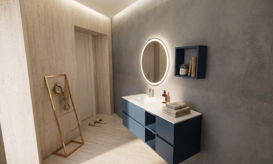 Vomero Room bathroom: navy-blue vanity, round backlit mirror and wall clock