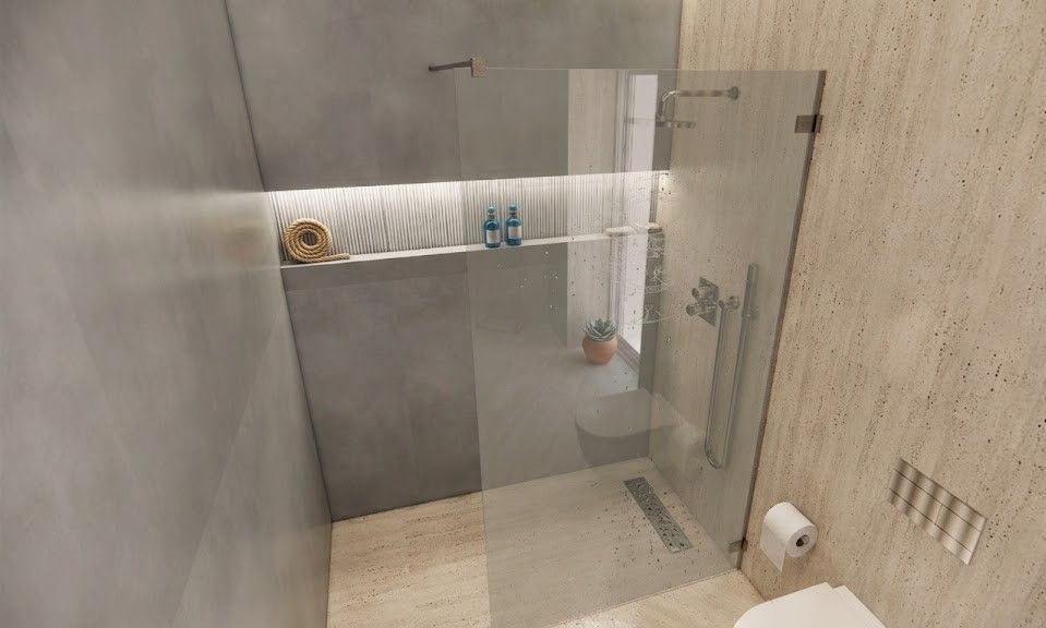 Vomero Room bathroom: glass walk-in shower with travertine cladding
